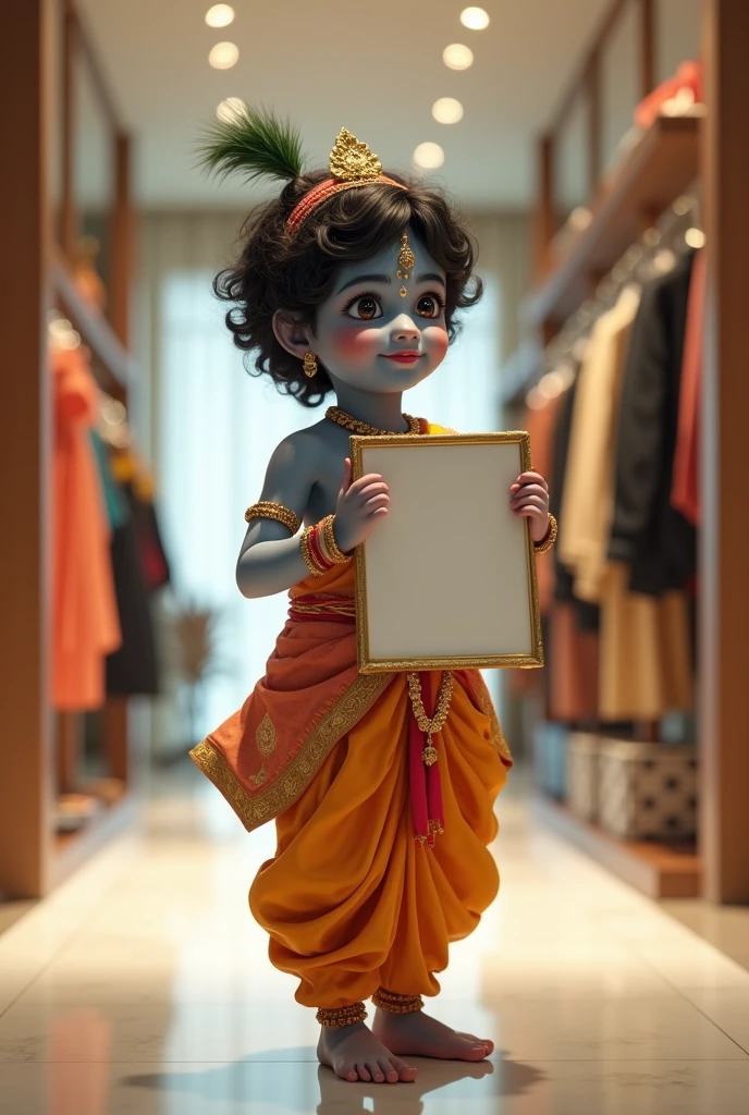  krishna in a designer boutique with blank poster in his hand
