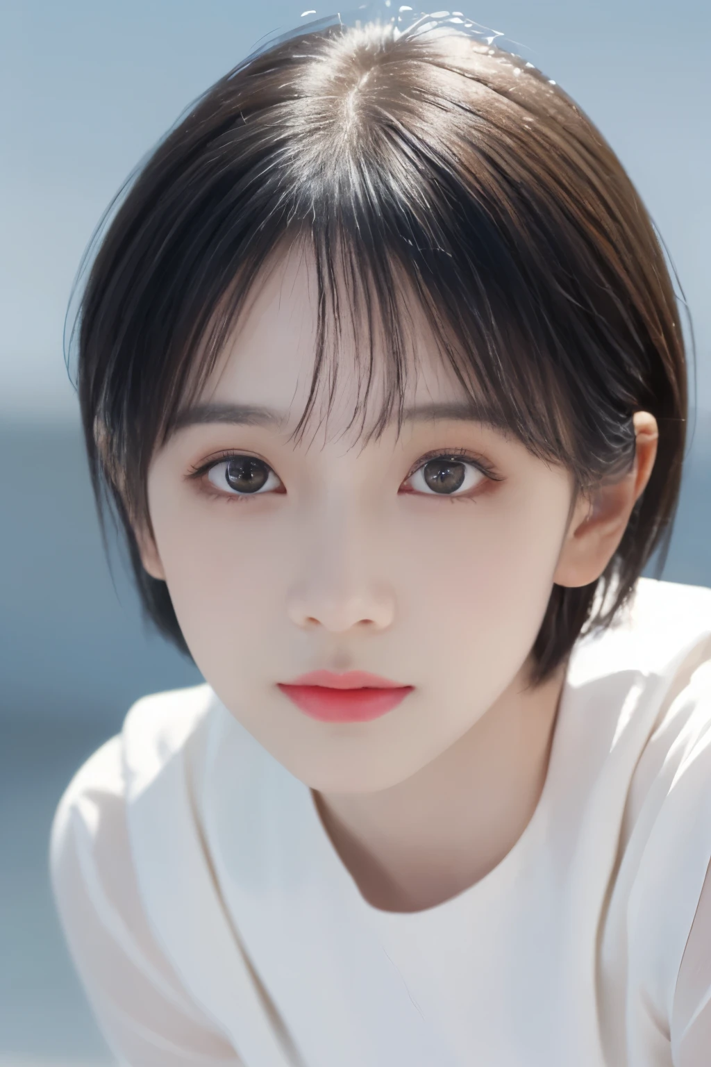 Highest quality,masterpiece,Ultra-high resolution,(Realistic:1.4),(cry)、Cute Girl、Highly detailed face、Attention to detail、double eyelid、Beautiful thin nose、Sharp focus:1.2、beauty:1.4、(short hair)、Pure white skin、(Realistic:1.4)、Highly detailed and professional lighting、blush、squat、Slightly shiny skin、Tight Skirt、Cute face