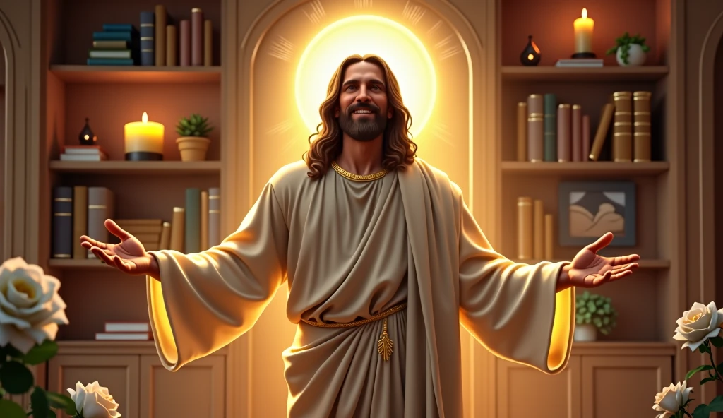 ultra realistic image of Jesus smiling entering my house with open arms with a lot of light on his head, in the background modern wooden shelf, burning candles, white roses, in an exquisite room