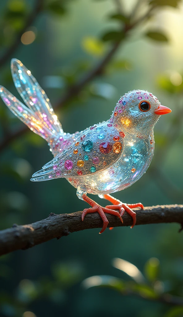 (((小鳥の体teeth透明で透けている)))Forbes Diamond「Little bird on a tree」teeth、The protagonist is portrayed naturally and realistically.。, Highly detailed and photorealistic, Render the background, Photorealistic concept art, Hyperreal Rendering, Red realistic 3D rendering, Bird Society, Photorealistic images, Highly detailed and photorealistic, Ultra-realistic detailed rendering, Realistic detailed images, Highly detailed rendering, High quality rendering,((A fictional bird with many colorful jewels on its body.))Transparent Bird,His whole body is covered in colored gems,The tail is also covered with jewels,(((The bird's body is made of glass)))