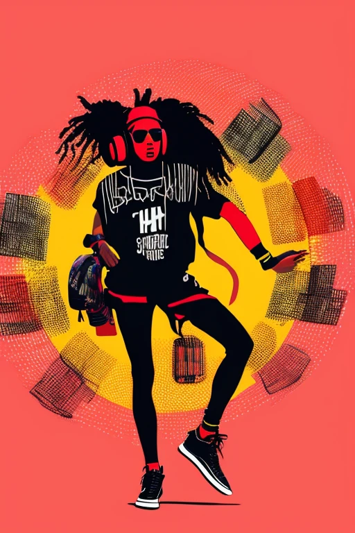 A background filled with tered musical notes in various sizes and colors、
Creative logo illustration of a silhouette with dreadlocks and red headphones,
Banksy、
A background completely filled with scatd musical notes in various sizes and colors, covering the entire screen.
beautiful girl colorful image
Dance hiphop Dance CREW Waacking Dance
Punking
black medium hair black medium hair
Five fingers Baggy clothes Baggy clothes
HIPHOP crew、