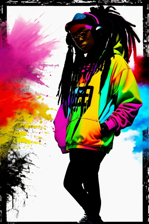 A background filled with scattered musical notes in various sizes and colors、

Creative logo illustration of a silhouette with dreadlocks and red headphones, 
Banksy、
A background completely filled with scattered musical notes in various sizes and colors, covering the entire screen.

beautiful girl colorful image

Dance hiphop Dance CREW  Waacking Dance

Punking 

black medium hair black medium hair 

Five fingers Baggy clothes Baggy clothes
HIPHOP crew、