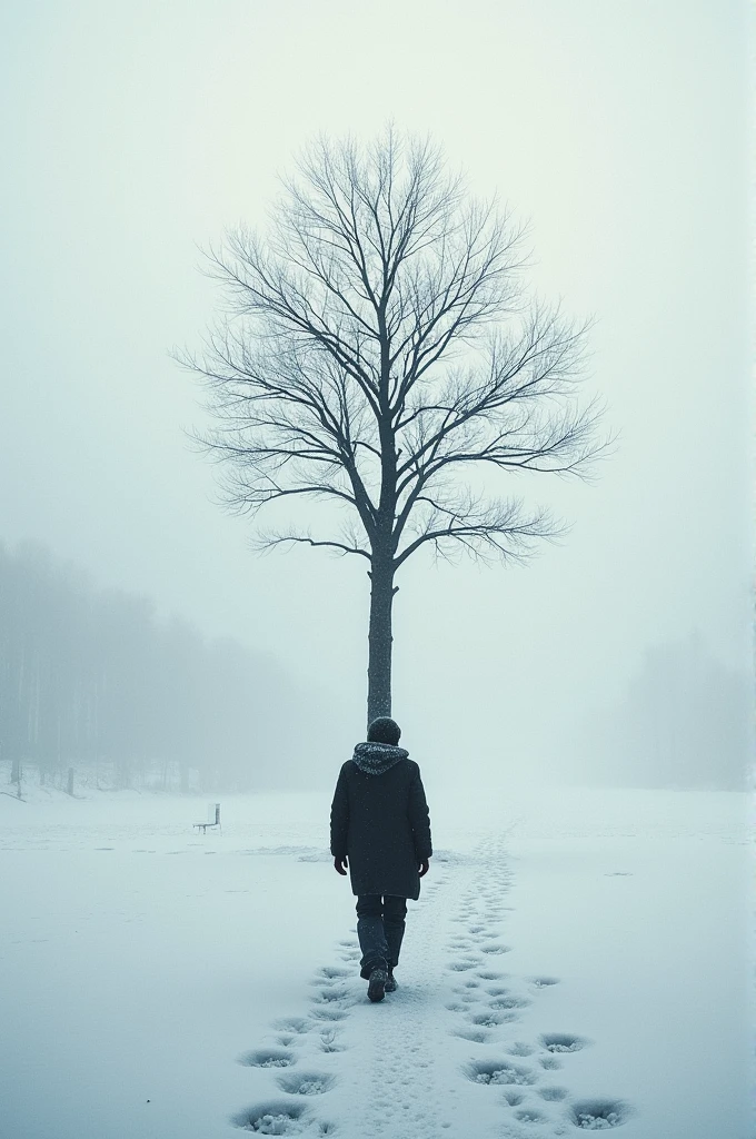 Cover of the novel: A blurry silhouette of a lonely, sad man walking on the snow, with a barren black tree in front of him, and the entire background covered in snow and footprints.
