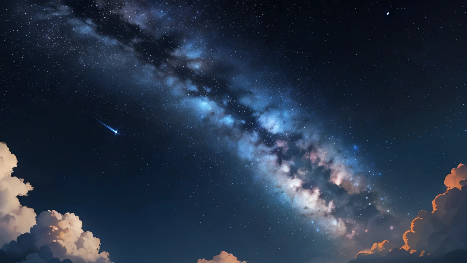 Create a fantastic image using only blue and orange on a black background.。The image does not include people、Draw a night sky above the clouds。The night sky uses a blue and orange gradation.、Adding small details like stars and the Milky Way、Create a mysterious and beautiful space。