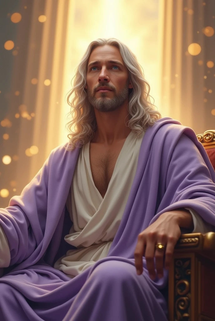 The Lord Jesus Christ with long white hair, tanned skin, lavender color and blue eyes, handsome, calm, seated at the right hand of His Father in Heaven:: Masterpiece, realistic, detailed, style raw, 3D, 32K UHD resolution, --s 1000