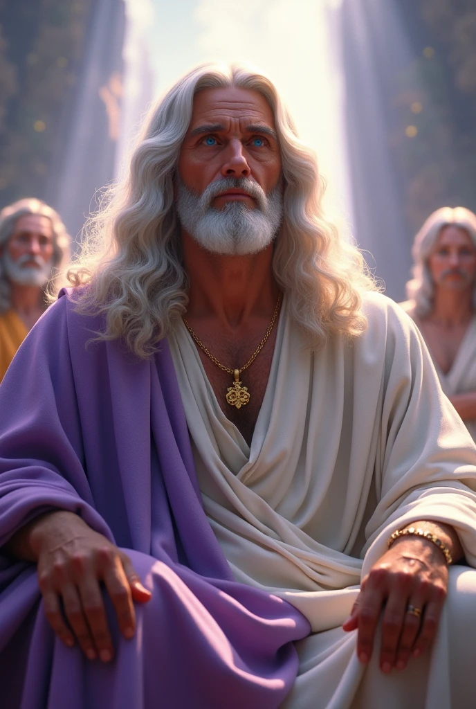 The Lord Jesus Christ with long white hair, tanned skin, lavender color and blue eyes, handsome, calm, seated at the right hand of His Father in Heaven:: Masterpiece, realistic, detailed, style raw, 3D, 32K UHD resolution, --s 1000