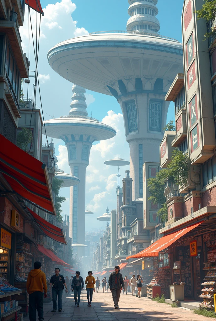 A new world where buildings like spaceships are standing tall. Robots are trading in electrical shops below. Humans are shopping for goods.