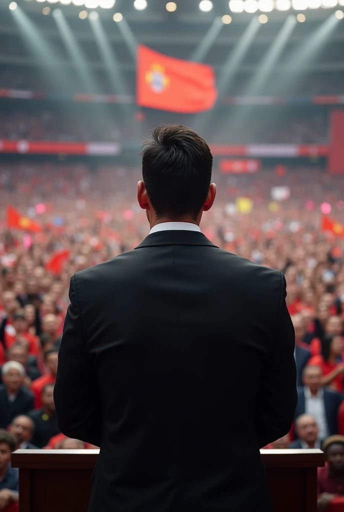 Messi is a political party leader. Messi is speaking in front of a crowd at a political conference wearing black dress.messi's face must be in front of camera 