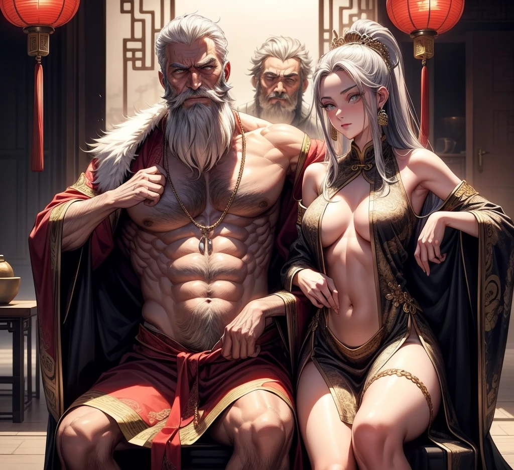 evil emperor ( handsome old man, shirtless,age 50,beard beard ) arrogantly introduces a beautiful girl (sexy,age 20 ,slim, glow skin, very embarrassed by the person in front of him, covers his breasts with his hands but it's hard because he has to try to calm the old man by holding his stomach her,naked breastes), an ancient china royal ornament,good looking.