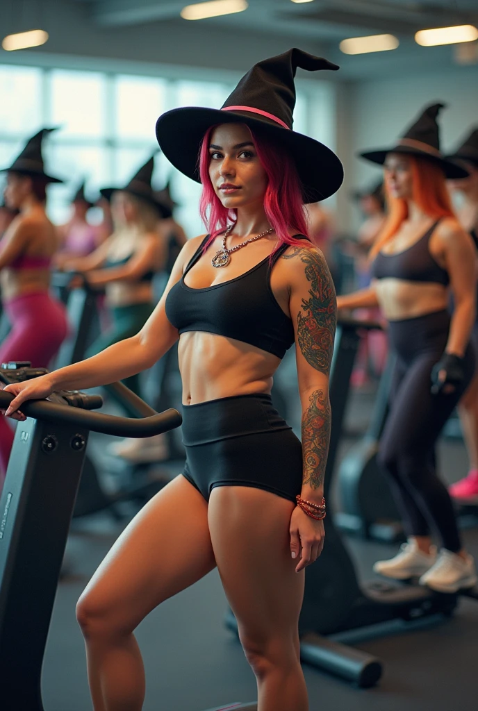 gym, full of women with witch hats, Sports Tennis, different bodies, tattooed, different hair color, fat, skinny and fitness, using elliptical bike, loading barbell, lying down doing sit-ups, another one jumping rope