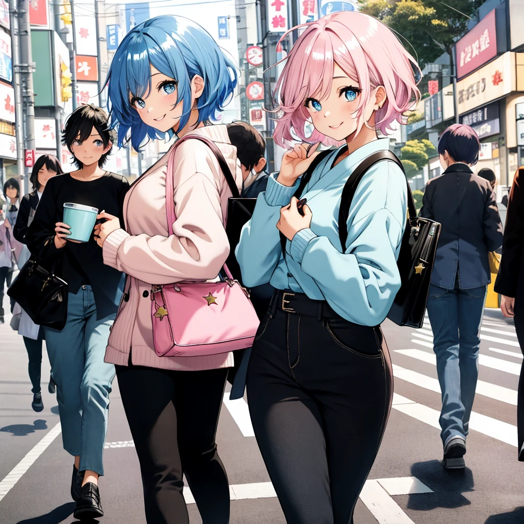 1girl, blue short hair with slight curvy ends, shiny blue eyes with a star in the middle of her eyeballs, wearing blue long sleeves , black pants, smiling, cute, walking on a busy street in Tokyo Japan, have a pastel pink handbag crossed by her torso