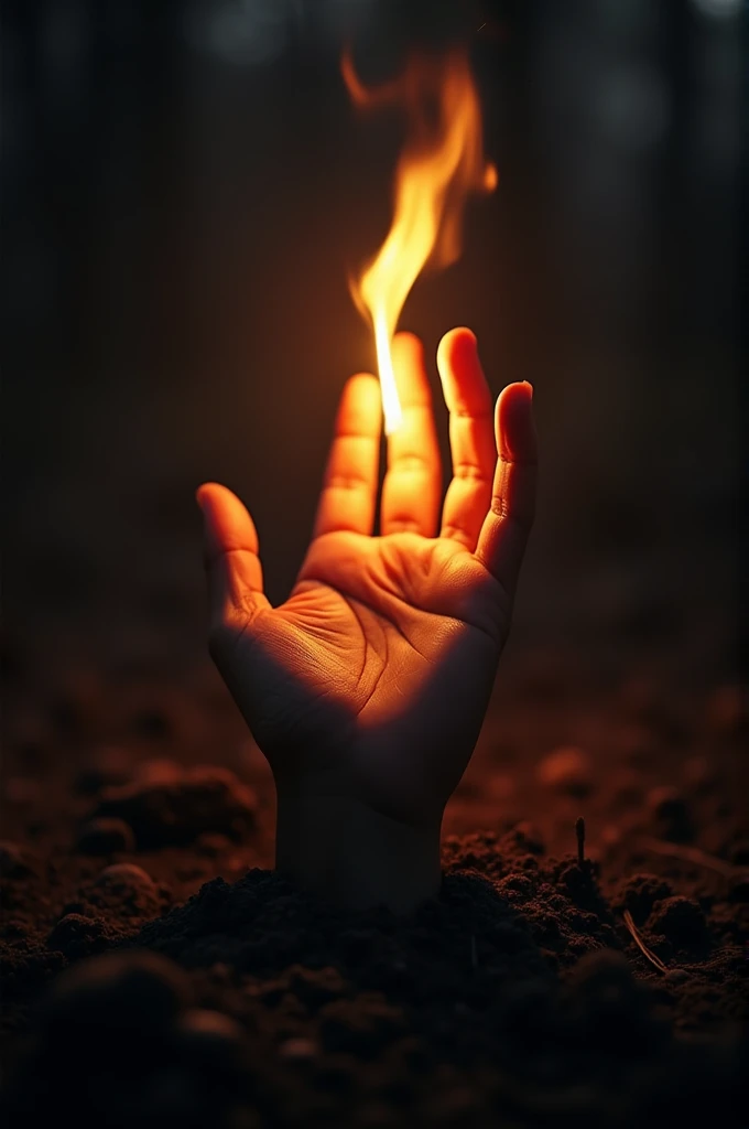 A human hand coming up from the ground in dark with fire