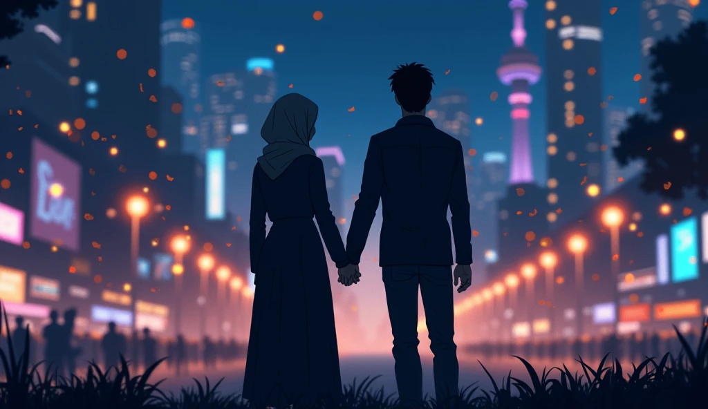 silhouette image of a woman in a hijab and a man holding hands, in the middle of the city at night, full of lights, the characters are just silhouettes, anime style, from back:1.5, extreme long shot:1.2, full body shot