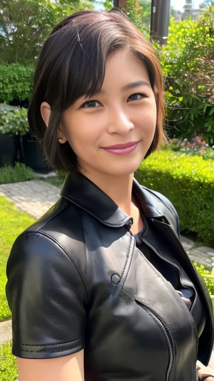 最high quality, 8k, Vibrant, Sharp focus, high quality, High resolution, Middle-aged women, Mature Woman, 5, (Whole Body Ezbian), (High heels face detail, Highly detailed eyes, Plump figure、Plump face、((big 1.6))、((Black leather clothing))、garden、Random Hairstyles、A kind smile、Very Short Hair、