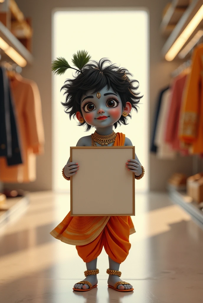 Little krishna in a designer boutique with blank poster in his hand
