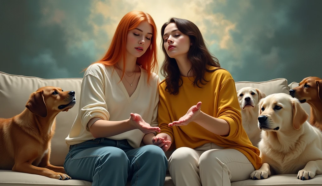 I want an almost identical reinterpretation of the painting "Creation of Adam" where the characters will be two women, a redhead and a brunette who look like friends and wear comfortable clothes. Around the characters there are several dogs of different breeds with toys.
Recreate the painting background with a contemporary touch.