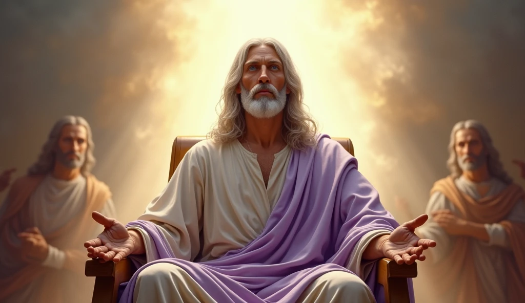 The Lord Jesus Christ with long white hair, tanned skin, lavender color and blue eyes, handsome, calm, seated at the right hand of His Father in Heaven:: Masterpiece, realistic, detailed, style raw, 3D, 32K UHD resolution, --s 1000