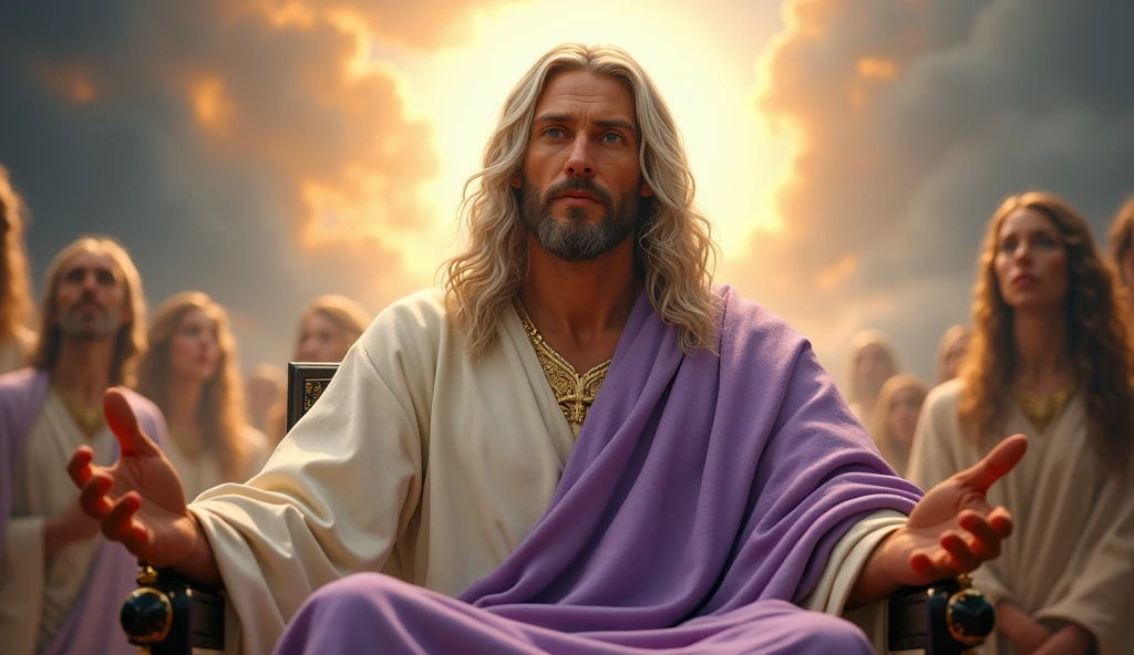 The Lord Jesus Christ with long white hair, tanned skin, lavender color and blue eyes, handsome, calm, seated at the right hand of His Father in Heaven:: Masterpiece, realistic, detailed, style raw, 3D, 32K UHD resolution, --s 1000