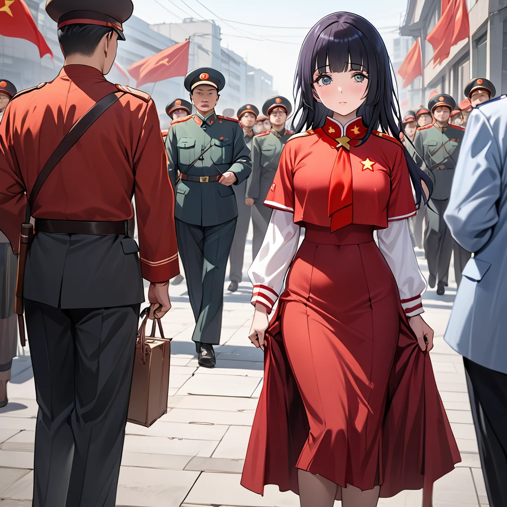 ((Highest quality)), ((masterpiece)), (detailed), （Perfect Face）、The woman is Reika Aoki with semi-long hair、The woman abandoned her Japanese identity and became Chinese.、The woman became a full member of the Chinese Communist Party, dressed in Communist Party attire, wearing a long tight skirt, and was active in the Communist Party.
