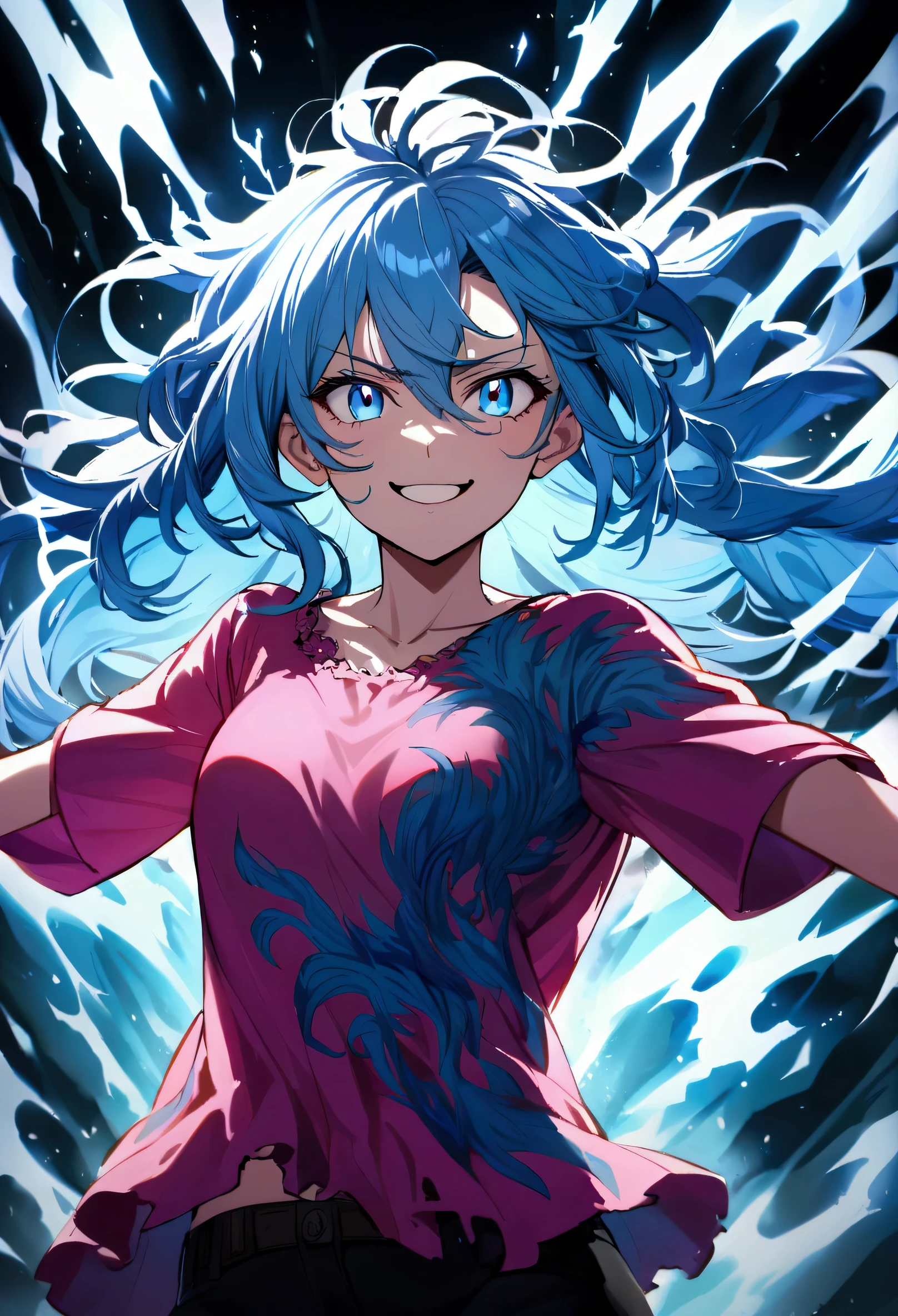 Teenage girl, Messy hair, long hair, bright light blue hair, excited smile, serious face, shining blue eyes, ripped wide pink shirt, many blue tattoos on the body, intense frost aura.