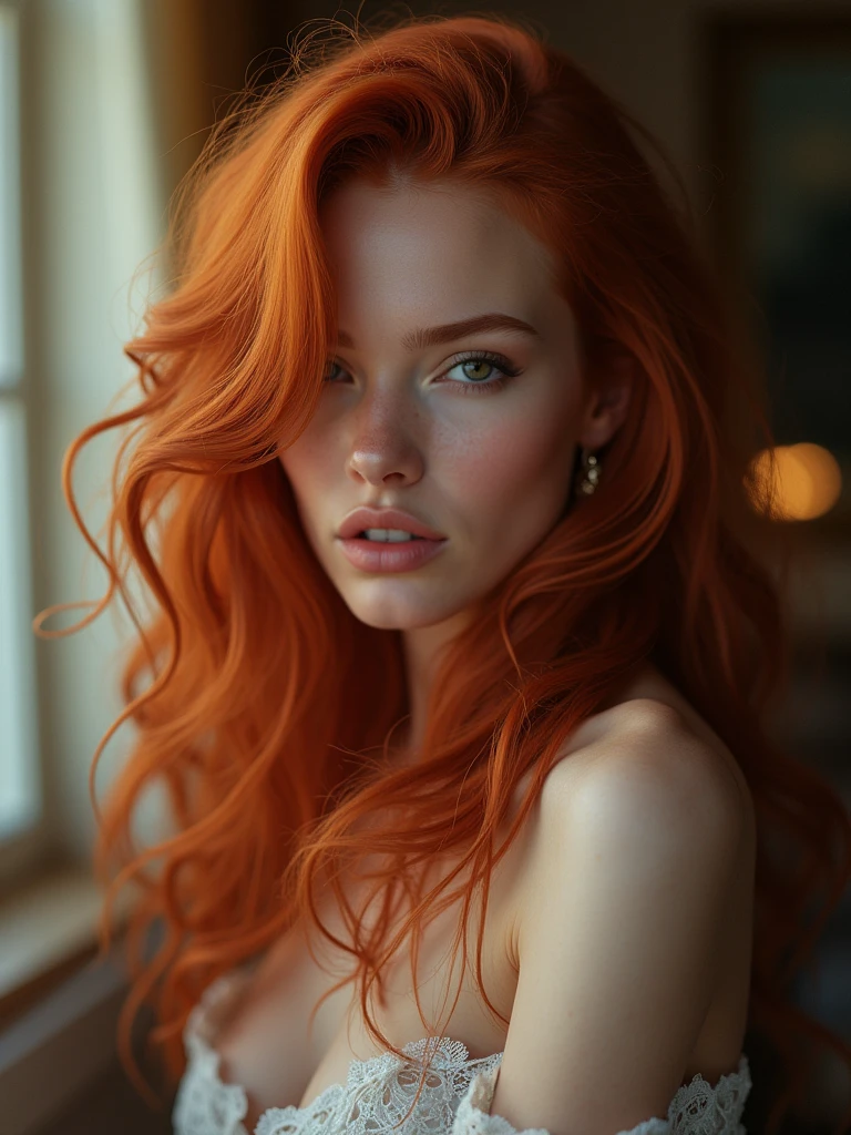 ((((photorealistic)))), photo of world's most beautiful and drop dead gorgeous redhead girl of all time, looking down to the floor, wearing a white coat but nothing beneath, sexy pose, seductive facial expression, bokeh, photorealistic, hyperrealism, ultra sharp, ultra focused, masterpiece, best quality, highres, UHD, depth of field, 4k, RTX, HDR