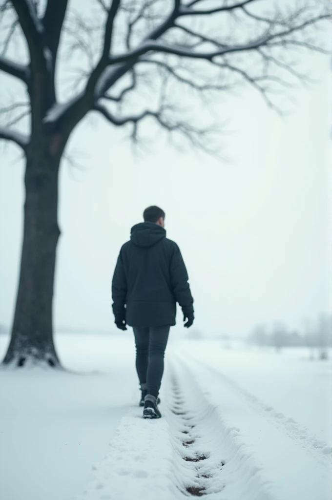 Cover of the novel: A blurry silhouette of a lonely, sad man walking in the snow, with a barren black tree next to him, and the entire background is snowy and covered with footprints.