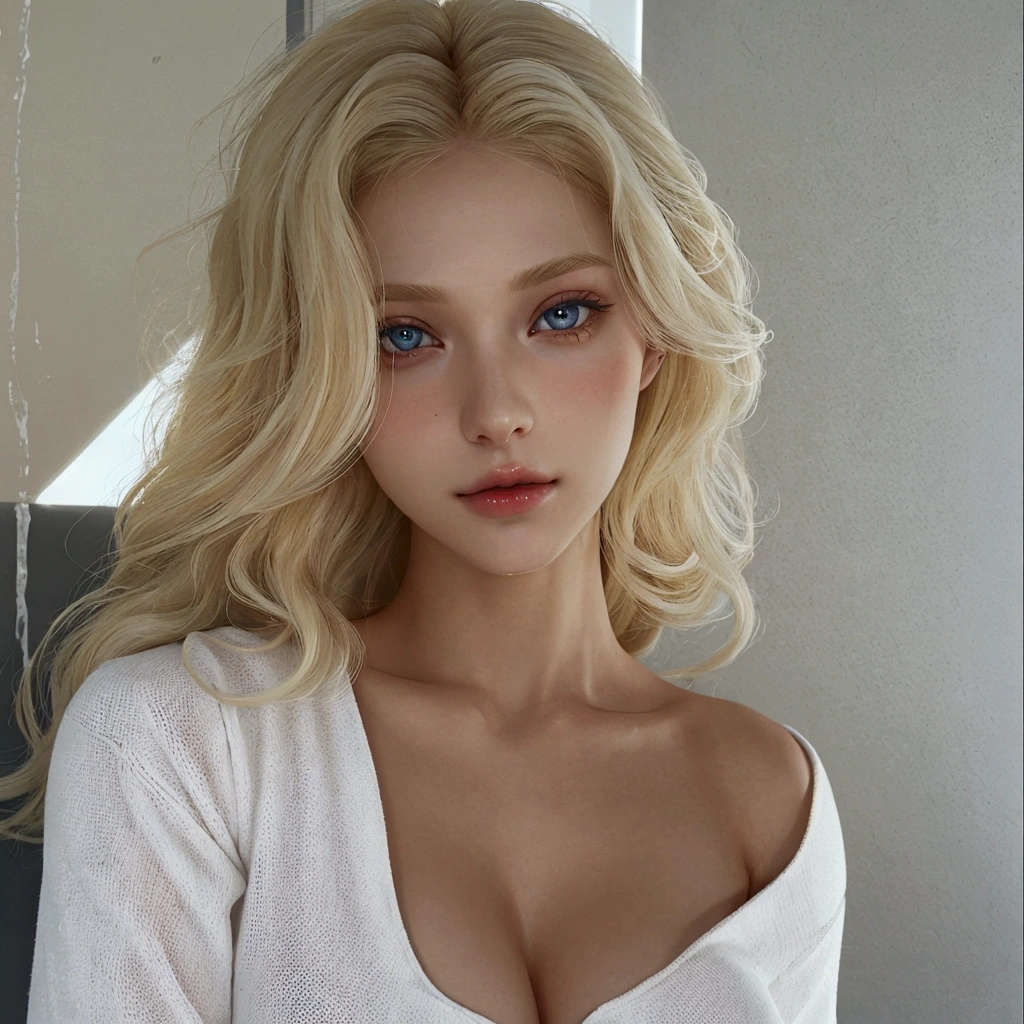 a close up of a woman with blonde hair and a white top, instagram model, yelena belova, a gorgeous blonde, a girl with blonde hair, gorgeous lady, beautiful blonde girl, blonde and attractive features, anna nikonova aka newmilky, perfect white haired girl, 1, pale skin curly blond hair, shoulder - length blonde hair