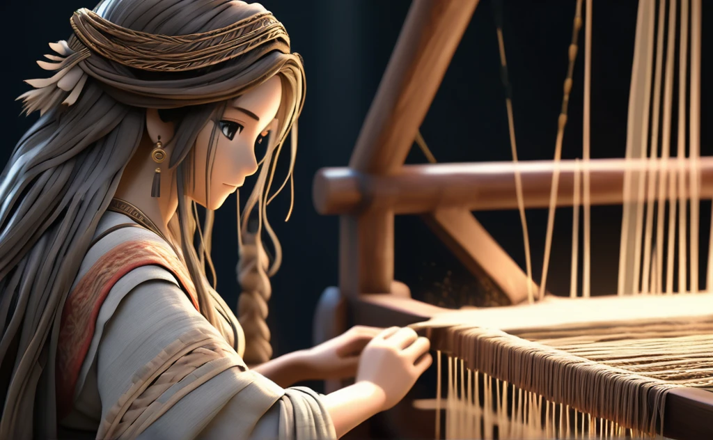 A poor woman working on a loom,face and eyes on right side, beautifully dressed, in ancient times, 3D, realistic anime character, extremely detailed face and eyes, long flowing hair, intricate details, photorealistic, cinematic lighting, dramatic shadows, high quality, masterpiece,