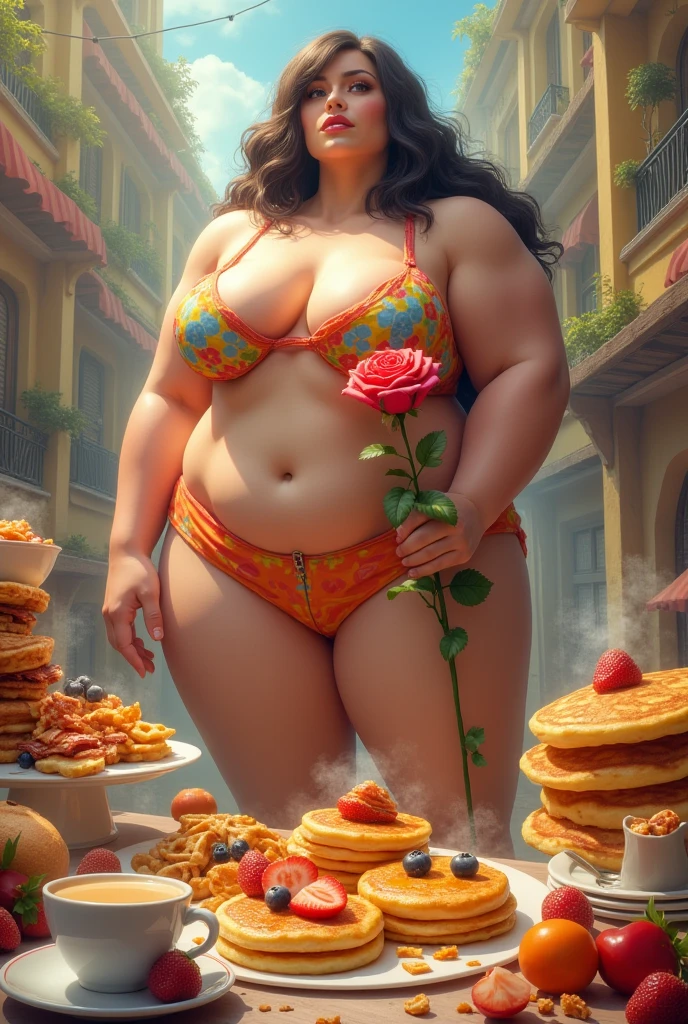 A huge, strong, giant girl wearing cheerful clothes carrying a small rose behind her, many types of delicious morning foods, as humans do, realistic, real, high-resolution details, complete picture like reality