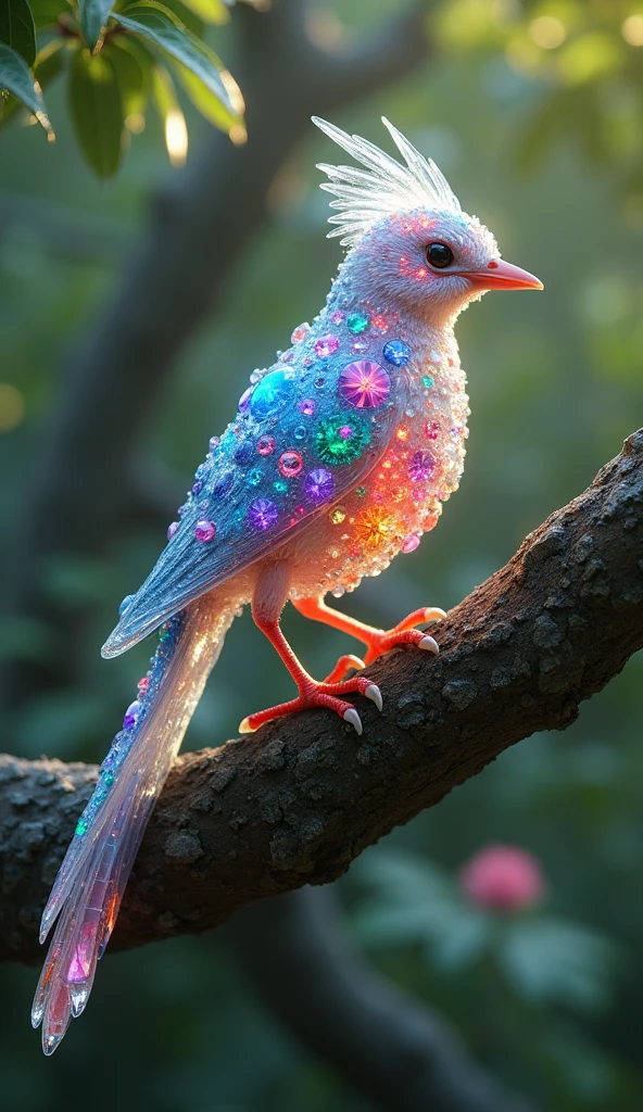 (((小鳥の体teeth透明で透けている)))Forbes Diamond「Little bird on a tree」teeth、The protagonist is portrayed naturally and realistically.。, Highly detailed and photorealistic, Render the background, Photorealistic concept art, Hyperreal Rendering, Red realistic 3D rendering, Bird Society, Photorealistic images, Highly detailed and photorealistic, Ultra-realistic detailed rendering, Realistic detailed images, Highly detailed rendering, High quality rendering,((A fictional bird with many colorful jewels on its body.))Birds of toumei,His whole body is covered in colored gems,The tail is also covered with jewels