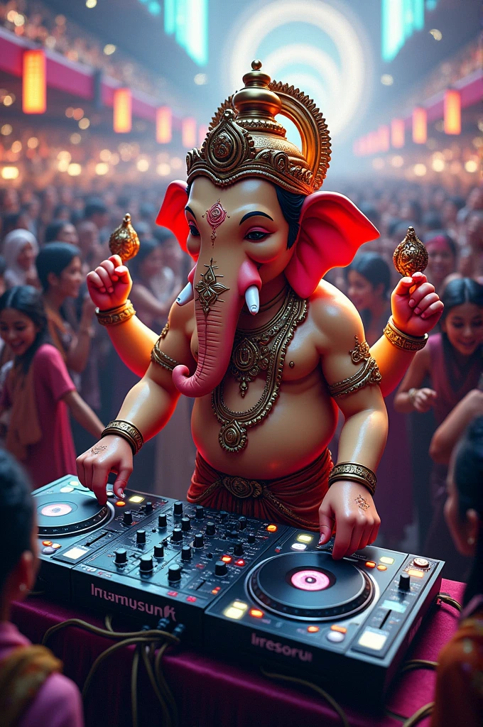 lord Ganesha operating DJ music in crowd area
