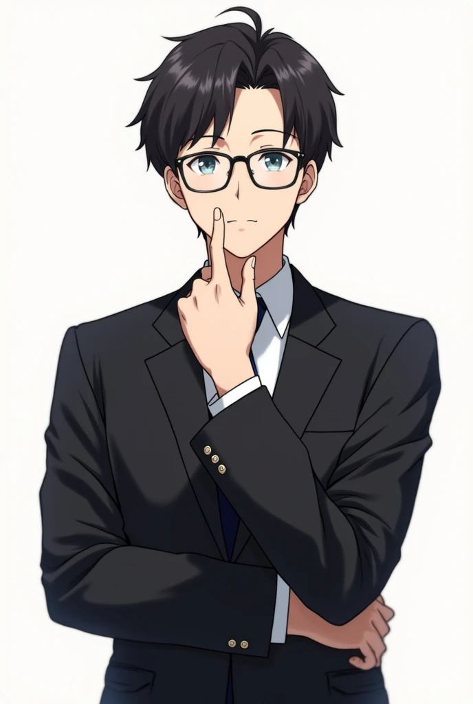 Man in black suit with glasses, pure white background, gentle face, anime style, right index finger raised, Japanese