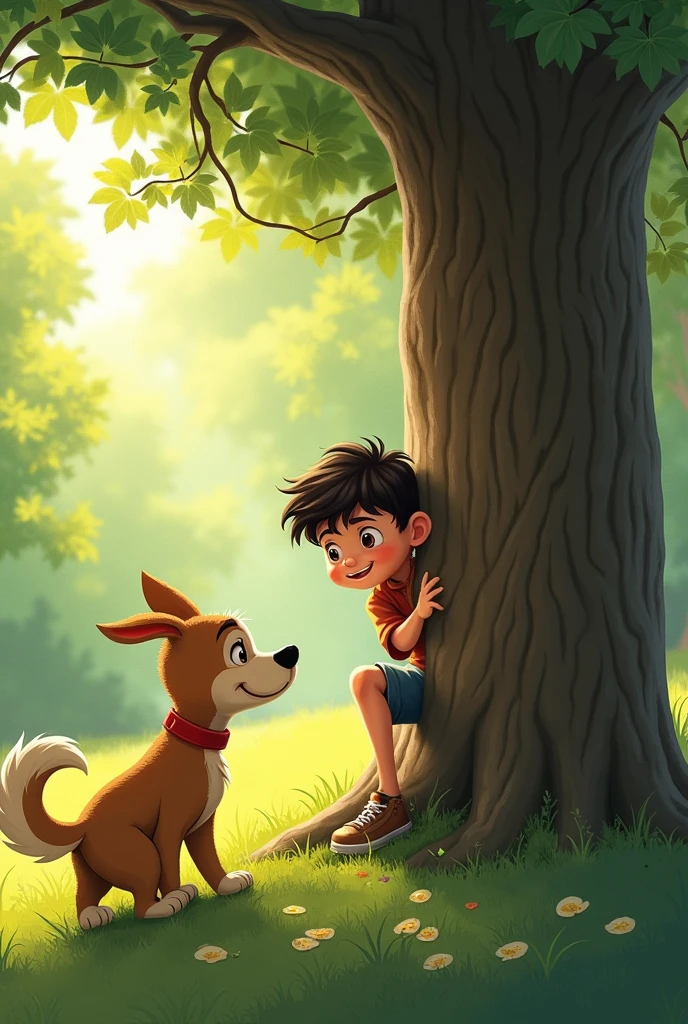 The boy hides behind a tree. The dog tries to find the boy by circling around the tree.