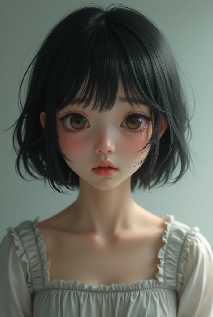 A realistic portrait of a A young modern Japanese girl, around , crying with tears streaming down her face. She has short black hair and is wearing a simple, light-colored dress. Her expression is one of sadness and fear negative: anime style,comic book style,illustration,2D art,cartoon,sketch,drawing,fantasy art,cell-shaded,manga