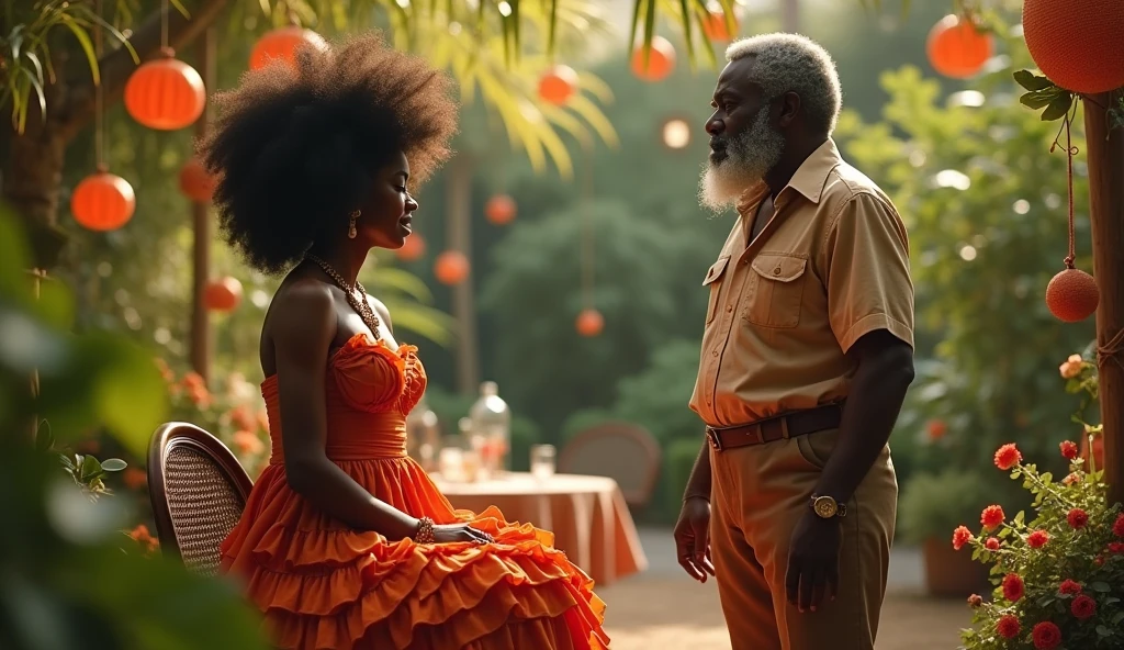  create an image of an Afro-Brazilian woman from the 1970s at an outdoor party of the time, she is wearing a long dress with a full skirt and under the dress a petticoat with ruffles, she is sitting on a chair in the garden of the party, she is observed from a medium distance by an Afro-Brazilian man, wearing 1970s attire, standing in front of her, he is wearing period clothing, has a well-trimmed, short, well-groomed and gray beard, full-body image
