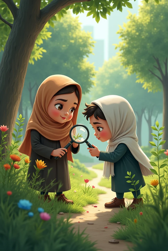 situation in a city park, there is a boy and a girl wearing hijabs looking for rare plants using a magnifying glass
