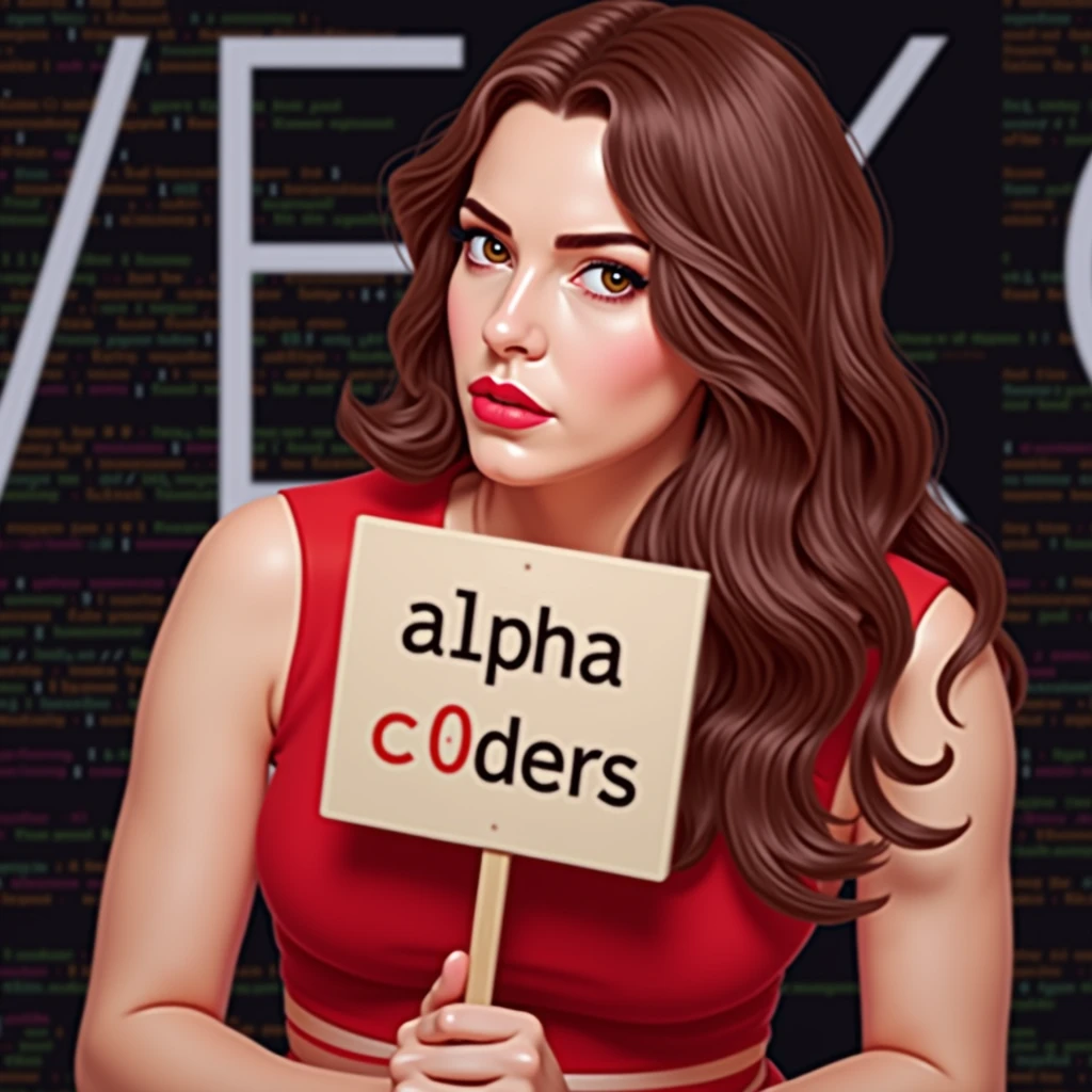 a detailed portrait of Dua Lipa holding a sign that says "Alpha C0ders" with a background of Python and JavaScript programming themes, highly detailed, photorealistic, cinematic lighting, dramatic composition, digital art