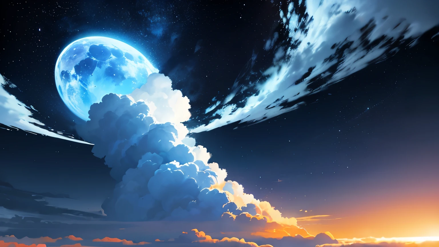 Create a fantastic image using only blue and orange on a black background.。The image does not include people、Draw a night sky above the clouds。The night sky uses a blue and orange gradation.、Create a mysterious and beautiful space。