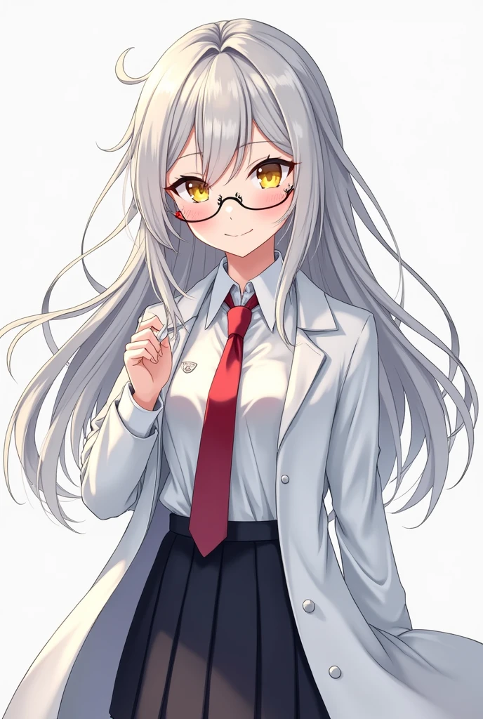 (Masterpiece) (Anime Girl, 1girl) (Detailed) She has a Pale And Flawless Skin, She has a Long Gray Hair and a Yellow-ish Eyes, For her outfit she wear a School Uniform which a White Shirt, Red Tie, School Sweater and a Black Short Skirt, She also wear a Scientist Cloak and a Glasses.