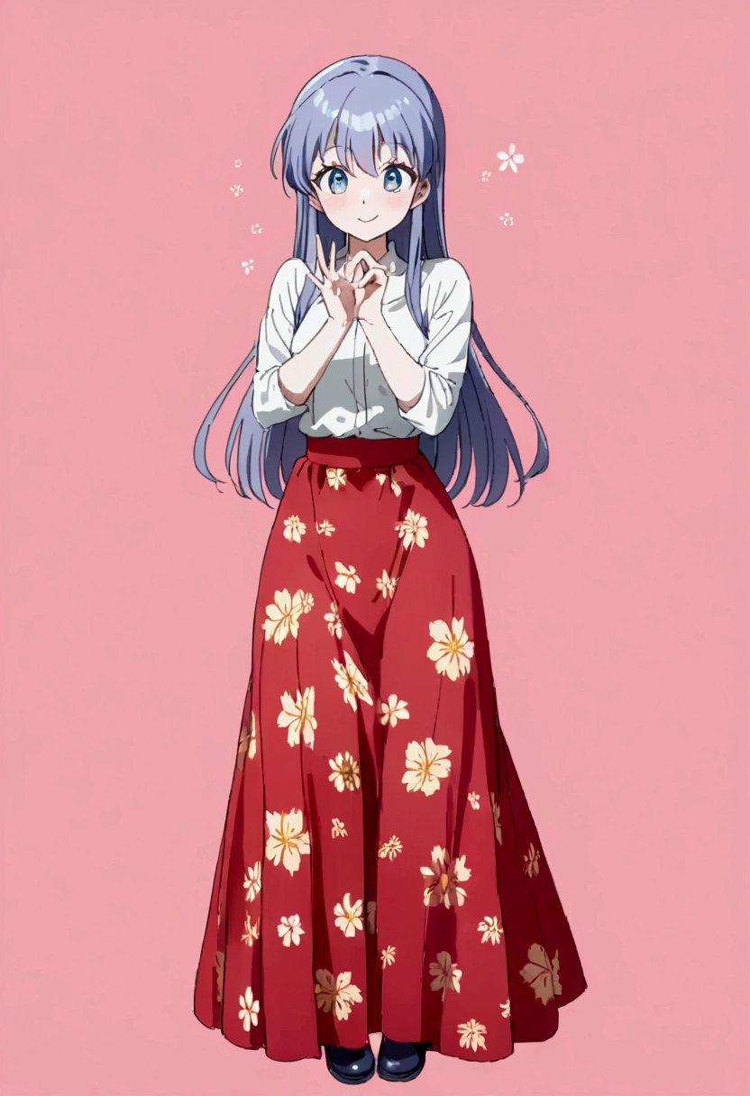 Using the female Saotome Ranma prototype, make a girl,Clear contours, Colorful full body photos, (Beautiful and delicate eyes), (pretty face:1.3), childish face, red long straight hair, (Bangs), bumpy Bangs, blue gray eyes, big eyes，Red printed long skirt(Practical:1.2),(Floral Print), White long-sleeved shirt(細Floral Print), (Practical:1.7),Face the camera head-on，One foot is slightly bent against the calf of the other leg，Just make a small triangle and lift it up slightly，At this time, make a Y gesture with your hand。