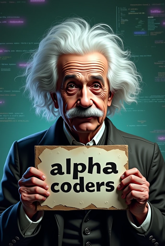 a detailed portrait of Albert Einstein holding a sign that says "Alpha C0ders" with a background of Python and JavaScript programming themes, highly detailed, photorealistic, cinematic lighting, dramatic composition, digital art