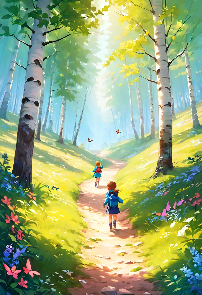 (a best quality,highres),mountain path, scenic fir trees, beautiful birch trees, happy children playing, colorful flowers, graceful butterflies, lively flying birds, soft natural lighting, vibrant colors