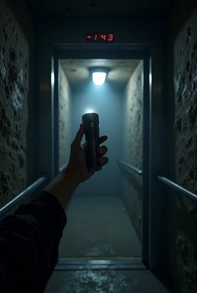 Underground mine first person view showing only one arm holding a white flashlight with low battery dim light, waiting inside the elevator to leave