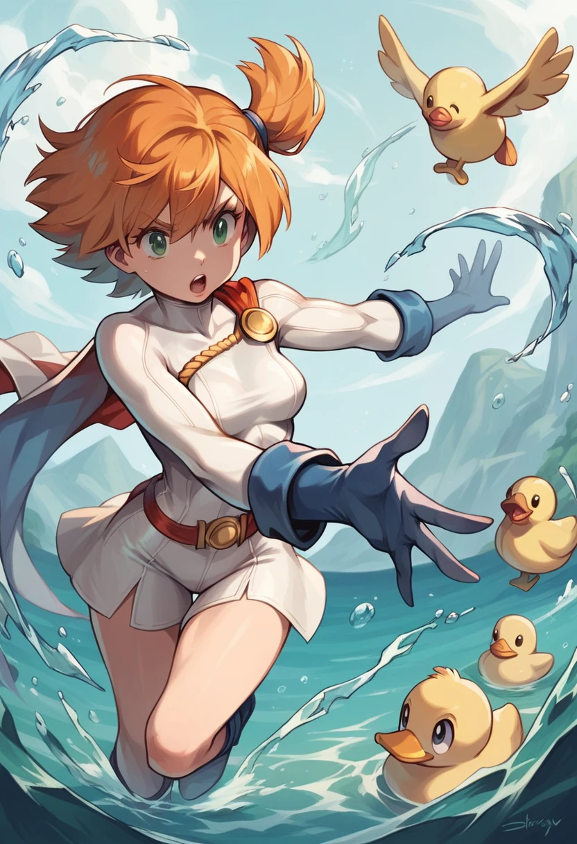 (Misty_Pokemon)
(Berry Short,Orange Hair,one side up hair,Big green eyes,Small breasts,Skinny) Power girl , water , Accion , battle, Golduck,