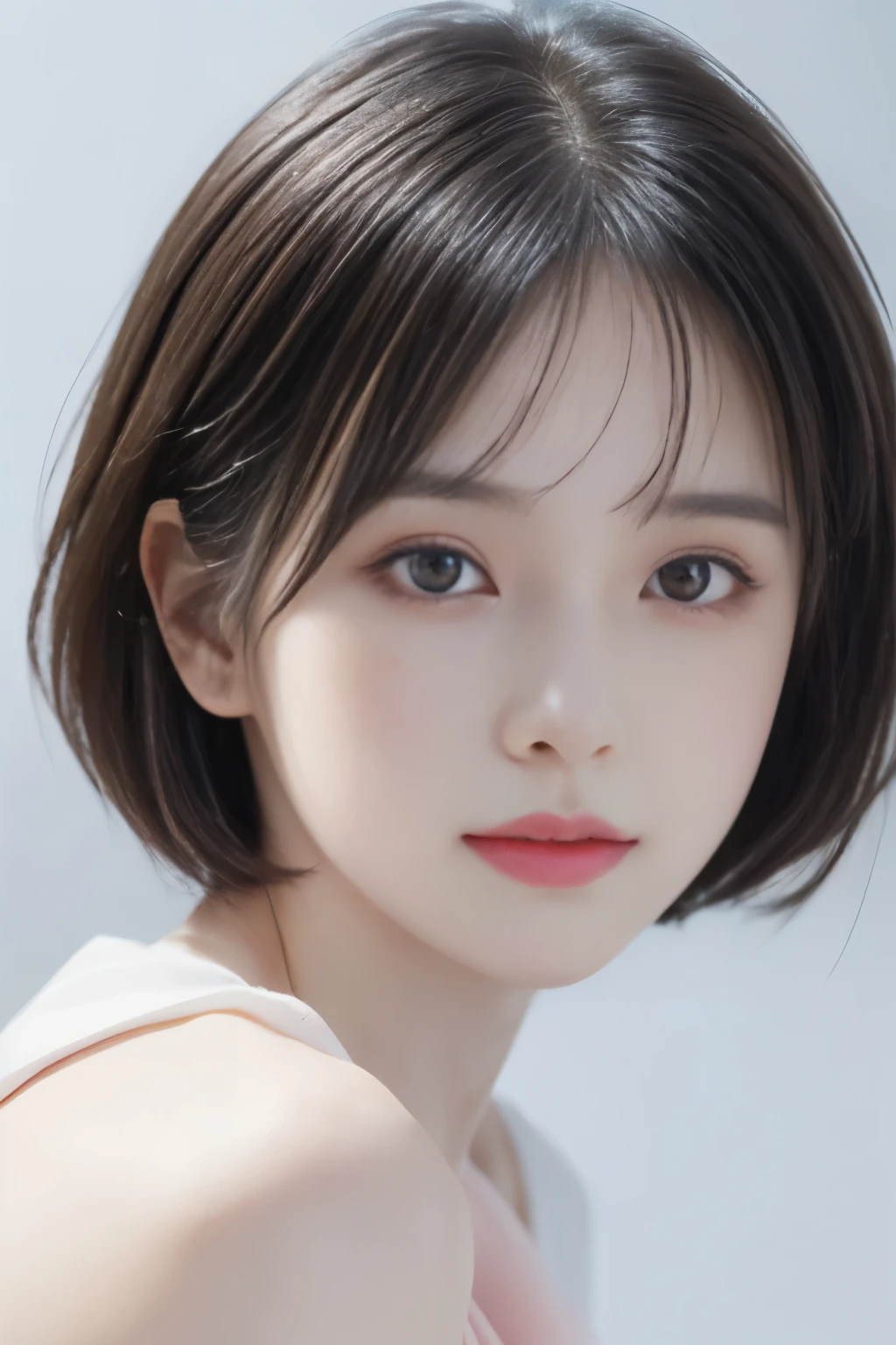 Highest quality,masterpiece,Ultra-high resolution,(Realistic:1.4),(cry)、Cute Girl、Highly detailed face、Attention to detail、double eyelid、Beautiful thin nose、Sharp focus:1.2、beauty:1.4、(short hair)、Pure white skin、(Realistic:1.4)、Highly detailed and professional lighting、blush、squat、Slightly shiny skin、Tight Skirt、Cute face