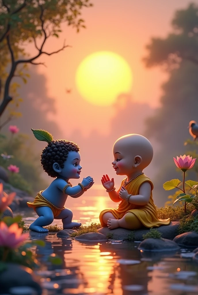 generate a funny image of a baby buddha with god Krihna playing around the river and the background is a beautiful sunrise scene with the vibe of Nature!