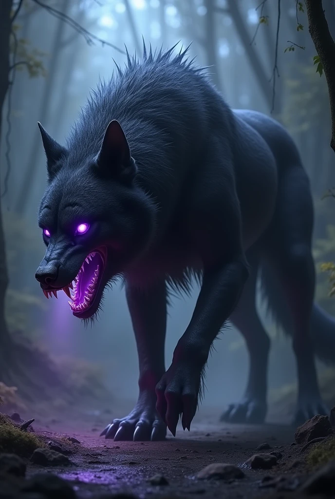 Dog with huge fangs and purple eyes