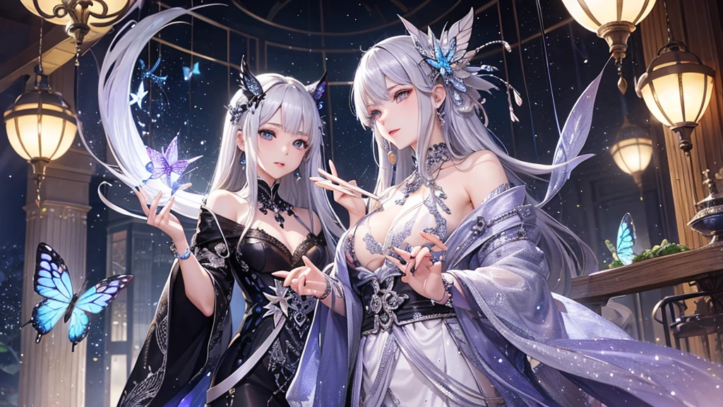 Silver-haired man、Wearing many jewels、Exotic clothing、Many lights illuminating the night、Fluttering、Butterflies and confetti。
