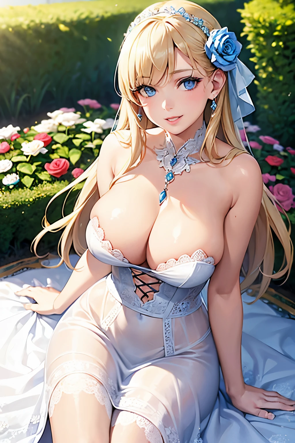 a girl ,8k, (masterpiece:1.2), (realistic, photo-realistic),large  , blonde white skin, blue eyes, elegant dress, jewelry, in a blooming garden, giving a cute smile, delicate face, detailed skin, realistic skin details, visible pores
