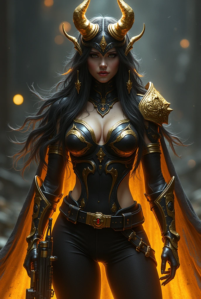 A female Demon Warrior in black and gold colors holding a golden fire AK47 and the name Beta on her chest 